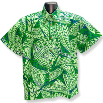 green tribal tattoo bark cloth Hawaiian shirt- Made in USA